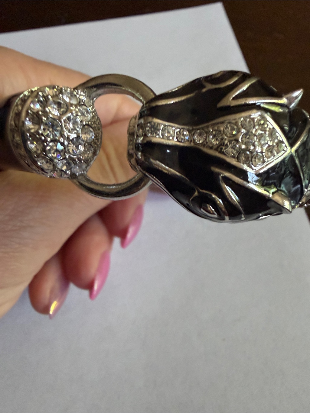 Panther & Rhinestone & Black Enamel Statement Cuff Bracelet - Women Jewelry